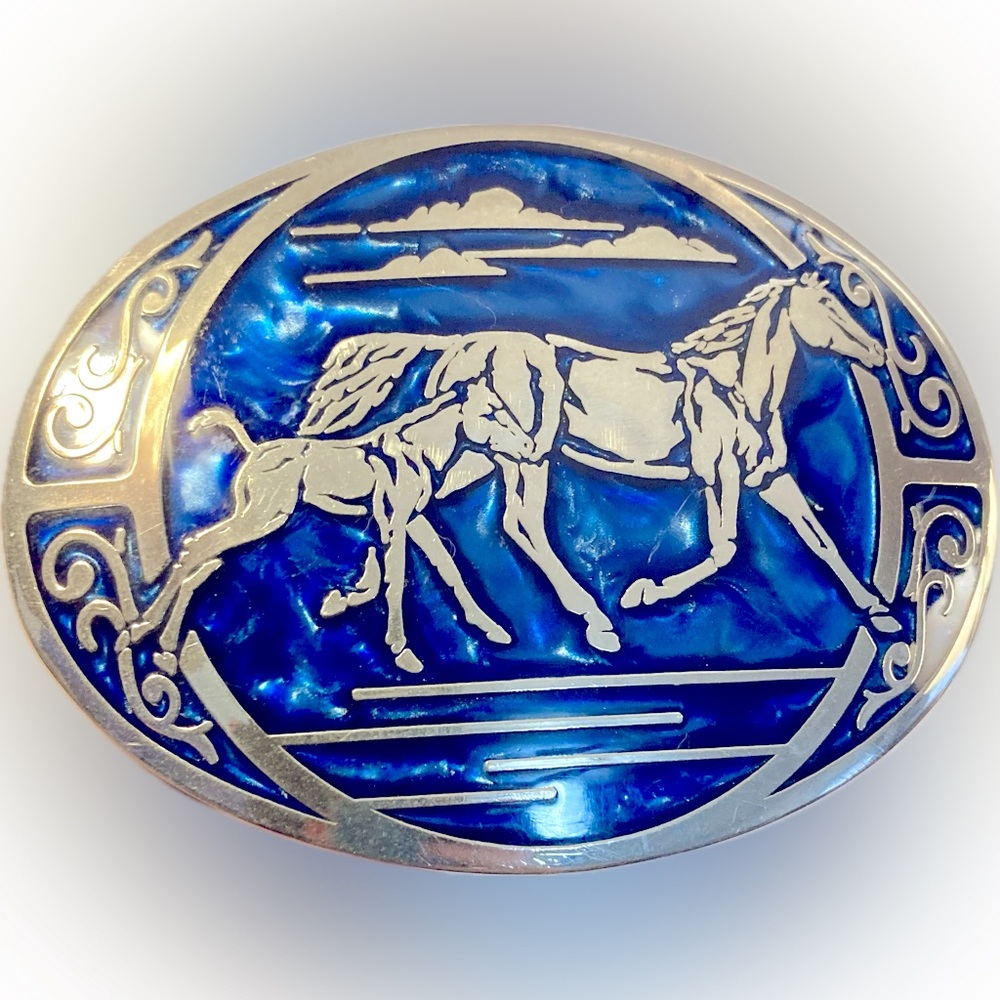VTG Horse & Colt Silver Tone Blue Inlay Belt Buckle, Award Design Medals Inc